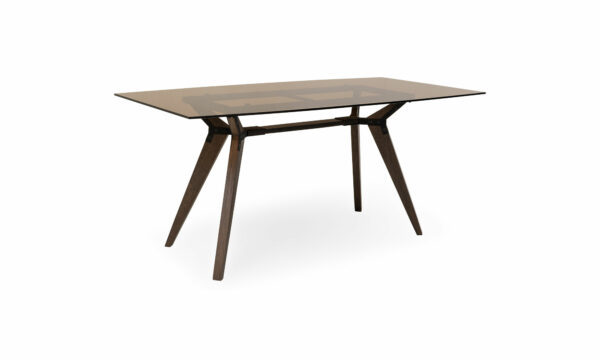 Mesa Comedor Atalanta Vidrio 6 Puestos de la marca Aristas vista en perspectiva diagonal. El diseño presenta una estructura moderna con una superficie de vidrio rectangular, sostenida por una base robusta.