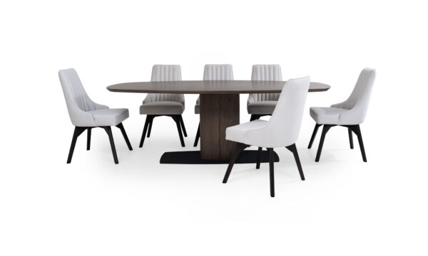 Vista frontal de la Mesa de Comedor Niza con 6 sillas Florencia de la marca Aristas. La mesa presenta un diseño moderno, con una superficie amplia y una base robusta en madera. Las sillas Florencia, con su respaldo alto de líneas elegantes, complementan el conjunto.
