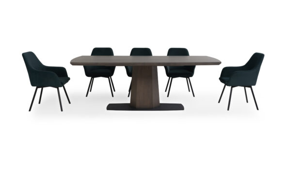 Mesa Comedor Nápoles con 8 Sillas Turín de la marca Aristas vista frontal. La mesa tiene un diseño rectangular con un soporte grueso y las sillas Turín presentan un respaldo alto y curvado, con asientos en el color de tela Nobuck Marino.