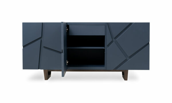 Aparador Osaka Sólido de la marca Aristas visto en perspectiva frontal. Un diseño moderno que presenta una estructura de líneas limpias y un acabado elegante de color Royal Blue. Cuenta con múltiples puertas de superficie lisa y una base en madera color Olmo.